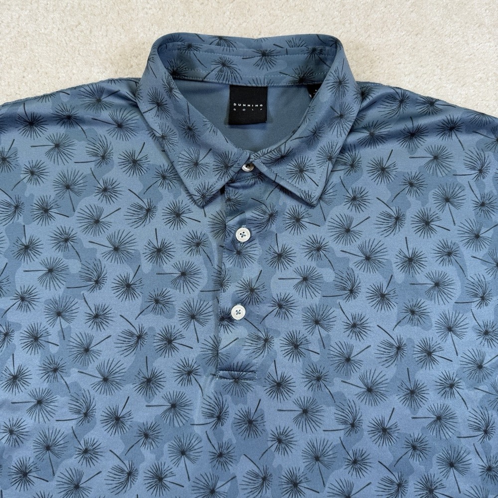 Dunning Golf Polo Shirt Mens Large Blue Dandelion Print Stretch Short Sleeve